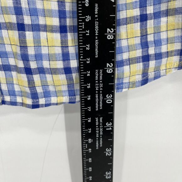 JOHNNIE-O Linen Button Down Shirt XL West Coast Prep Nautical Blue Plaid - Picture 6 of 10